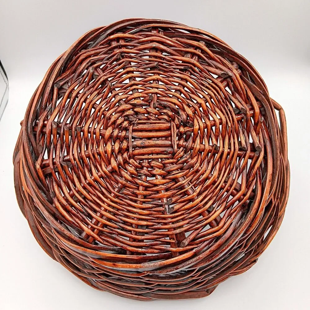 Wicker Gathering Basket Brown Thick Woven Side Handle Round Decor Bread Fruit 9